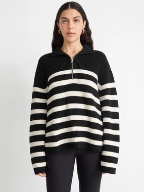 & Other Stories XS Oversized Striped Black White Quarter Zip Sweater